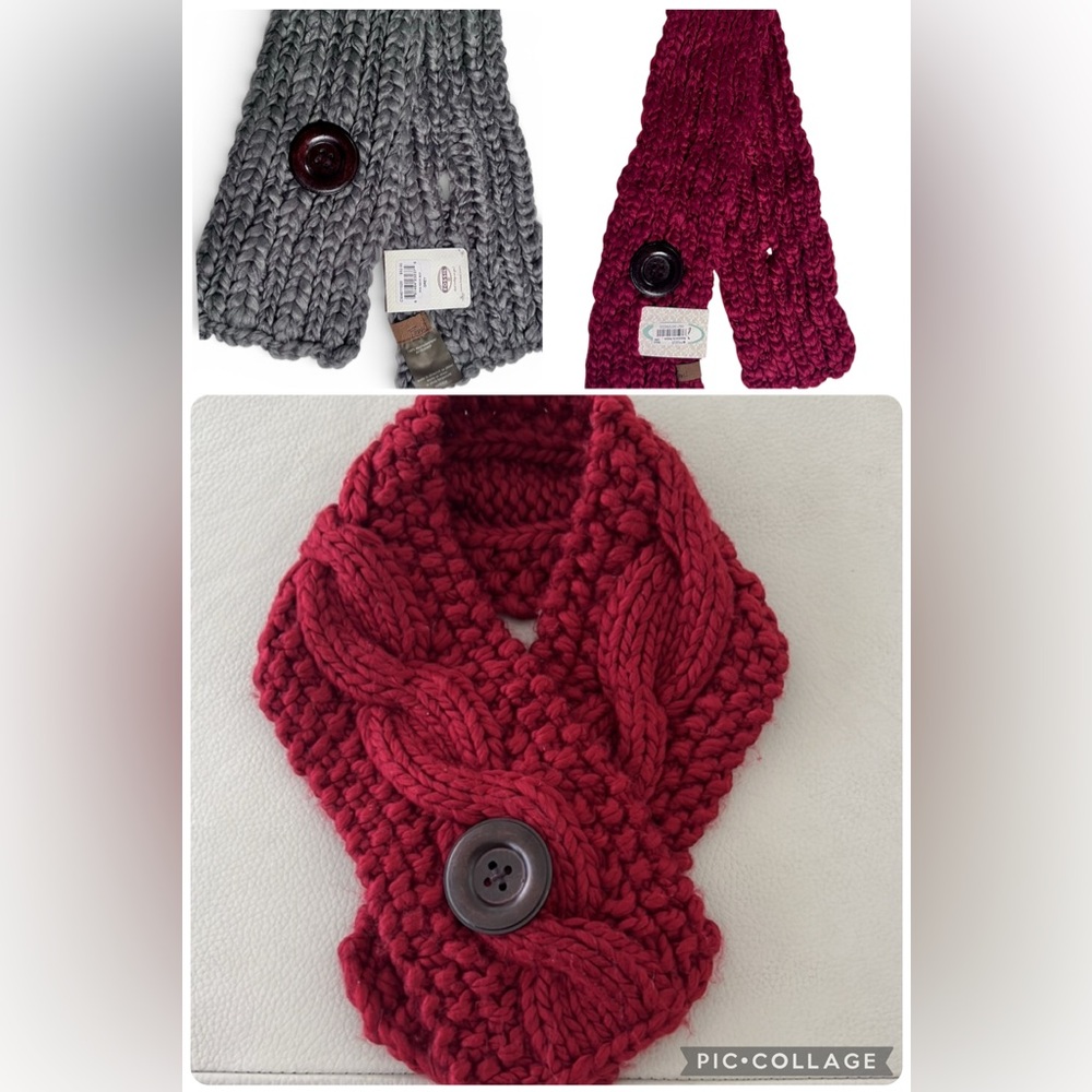 2 Fossil Cable Chunky Knit Ivy Neck Scarves NWT with Single Button -2 Neck Wraps